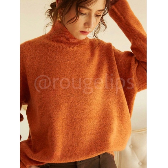 Orange Knit Turtleneck Pullover Sweater Long Sleeve Drop Shoulder - Picture 2 of 9